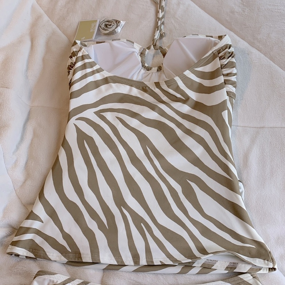 NWT Michael Kors Women Beige White Zebra Print Ring Swimsuit Bikini 2 Piece Set - Picture 7 of 13